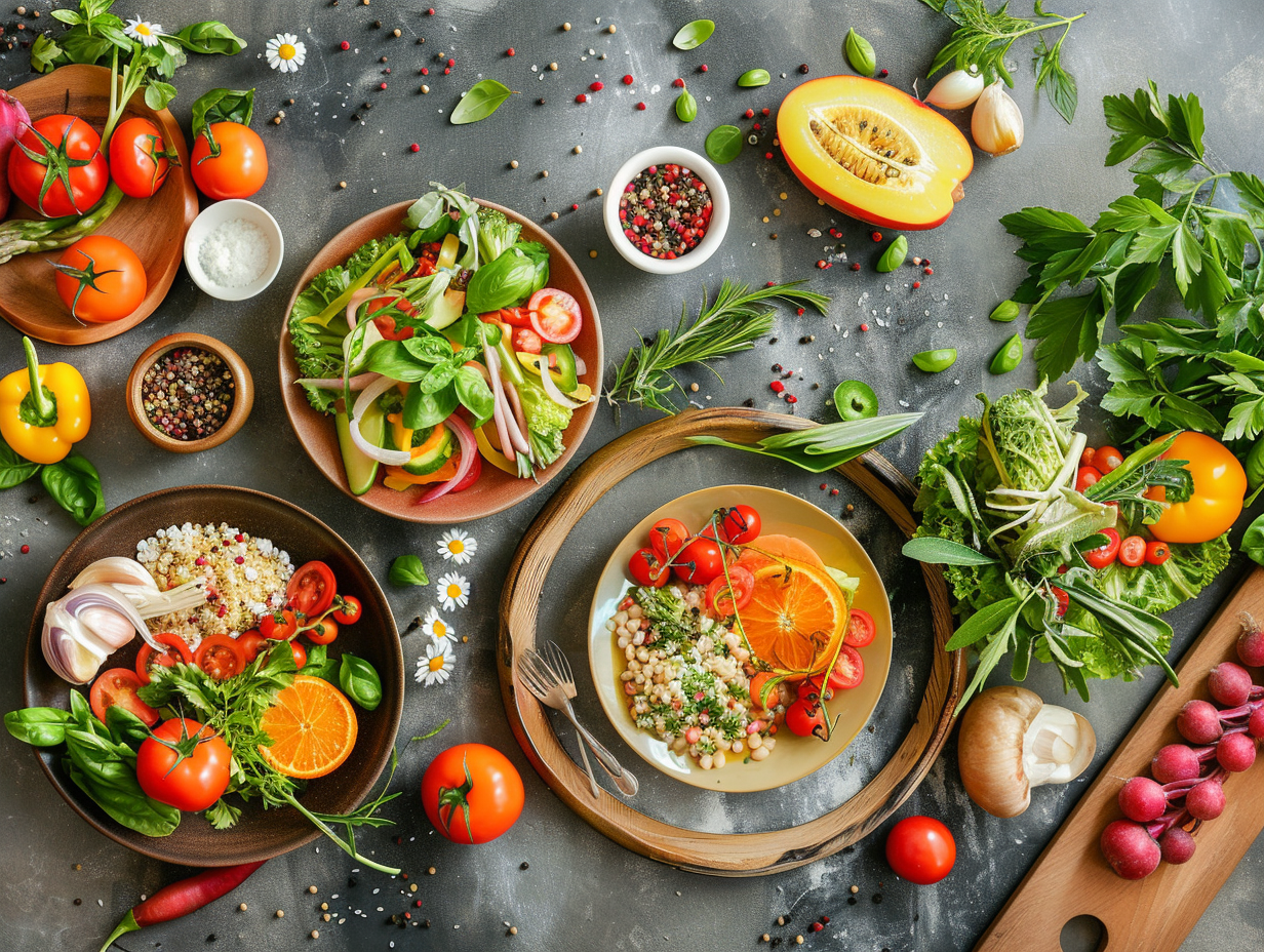 Збалансована їжа з різнокольоровими овочами та фруктами